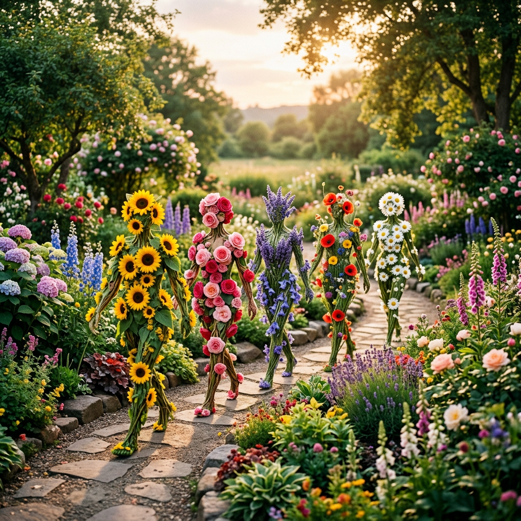 Five humanoid figures covered in sunflowers, roses, lavender, poppies, and daisies walking on a stone garden path