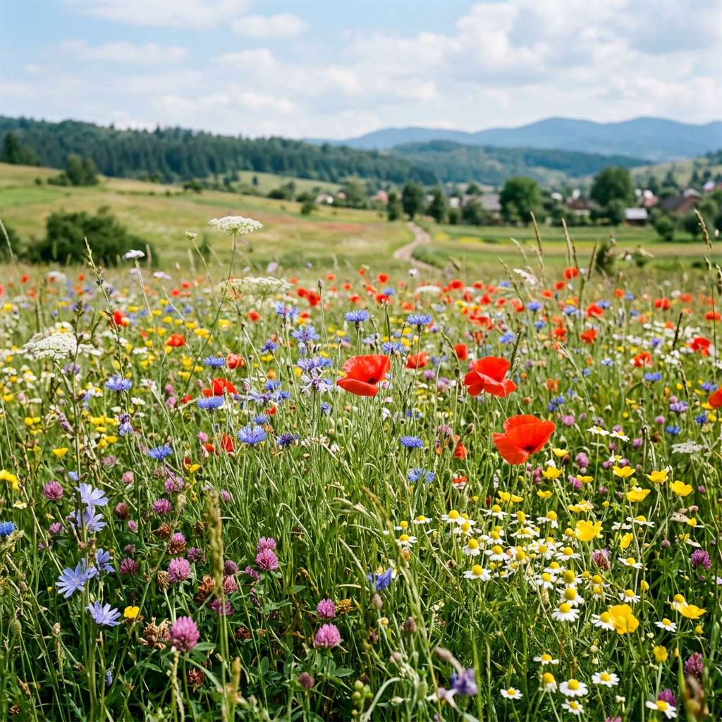 Wildflower meadow with red poppies, blue cornflowers, yellow buttercups, and white daisies with distant rolling hills.